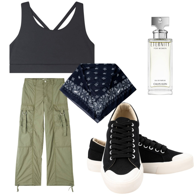 Outfit donna - Sportiva. Stile Sporty chic per Sport. Abbinamento con profumi, canottiere, pantaloni cargo, sneakers, foulard.