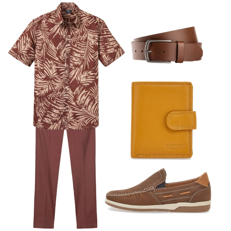 Outfit uomo - Camicia in fantasia estiva. Stile Casual per Tutti i giorni. Abbinamento con cinture, camicie a manica corta, pantaloni chino, portafogli, scarpe stringate.