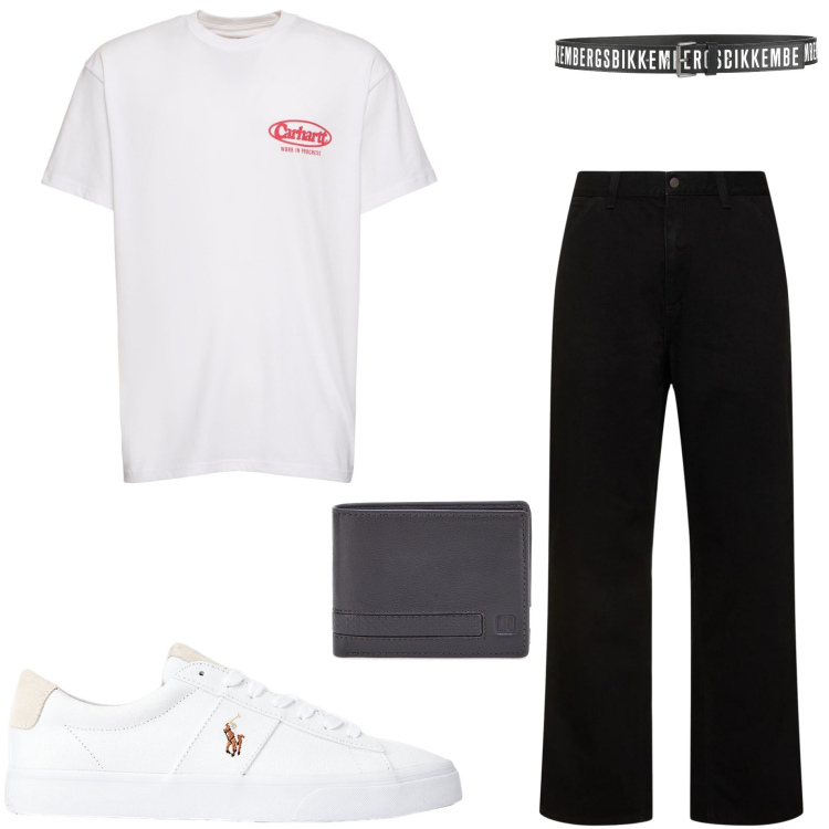Outfit uomo - Look basic. Stile Casual per Tutti i giorni. Abbinamento con cinture, sneakers, portafogli, jeans, t-shirt.