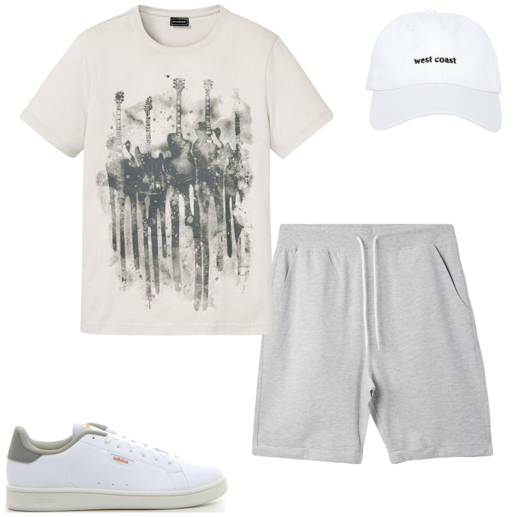 Outfit uomo - Giornata relax. Stile Casual per Tutti i giorni. Abbinamento con t-shirt, cappelli, pantaloni corti, sneakers.