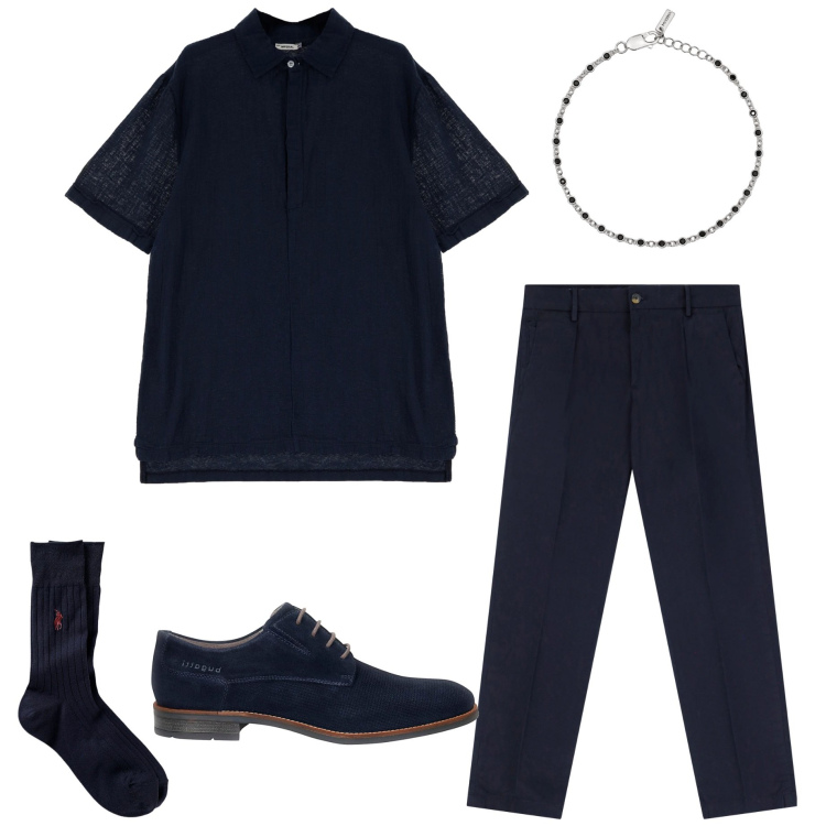 Outfit uomo - Cena di anniversario. Stile Business/Elegante per Serata speciale. Abbinamento con braccialetti, polo, pantaloni chino, calzini, scarpe stringate.
