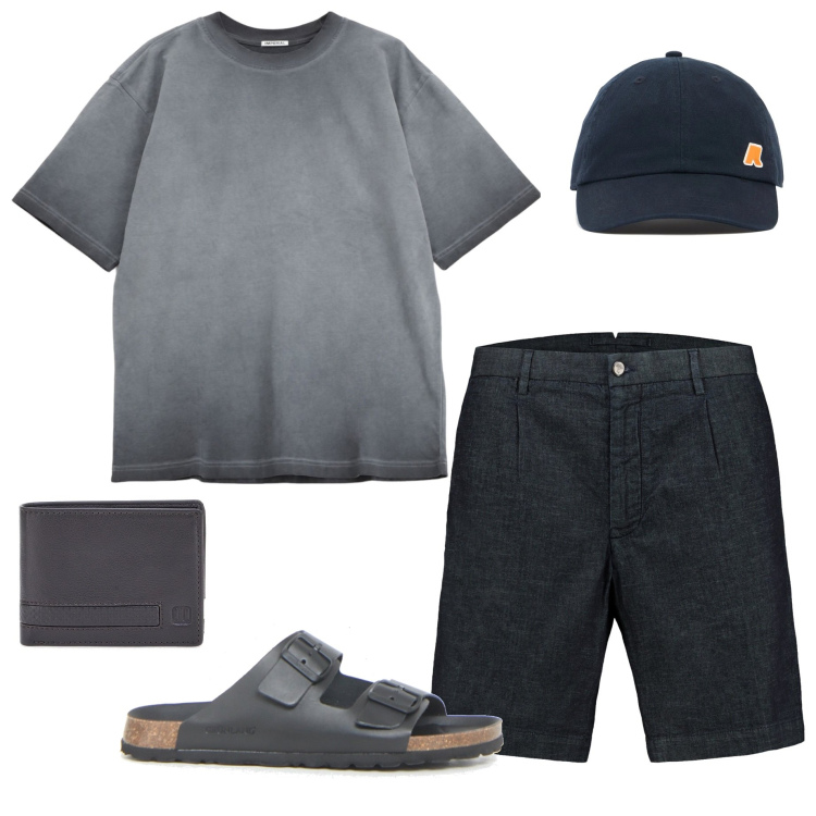 Outfit uomo - Arrivato il caldo. Stile Casual per Tutti i giorni. Abbinamento con t-shirt, portafogli, bermuda, cappelli, sandali.