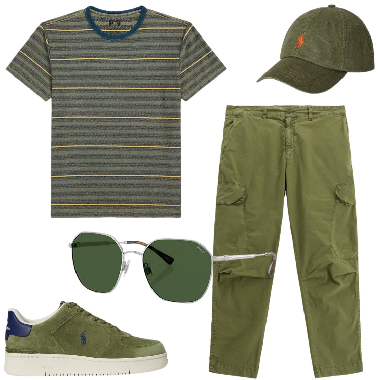 Outfit uomo - Sporty chic. Stile Urban per Tutti i giorni. Abbinamento con pantaloni cargo, occhiali da sole, t-shirt, sneakers, cappelli.