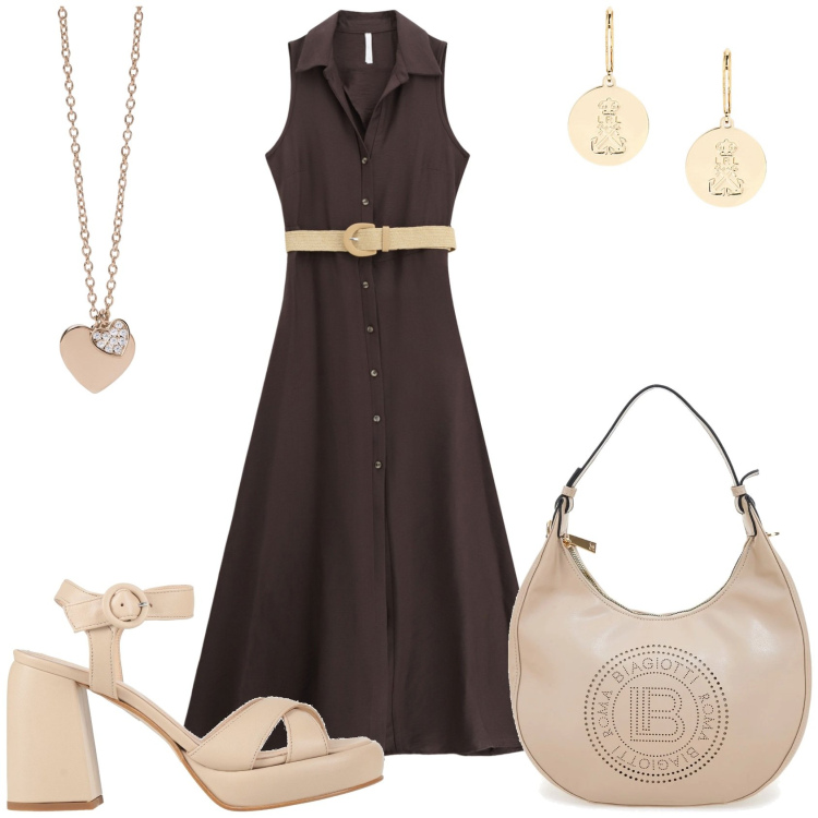 Outfit donna - Elegante con poco. Stile Casual chic per Tutti i giorni. Abbinamento con sandali in pelle, ciondoli, vestiti senza maniche, orecchini, borse a spalla.