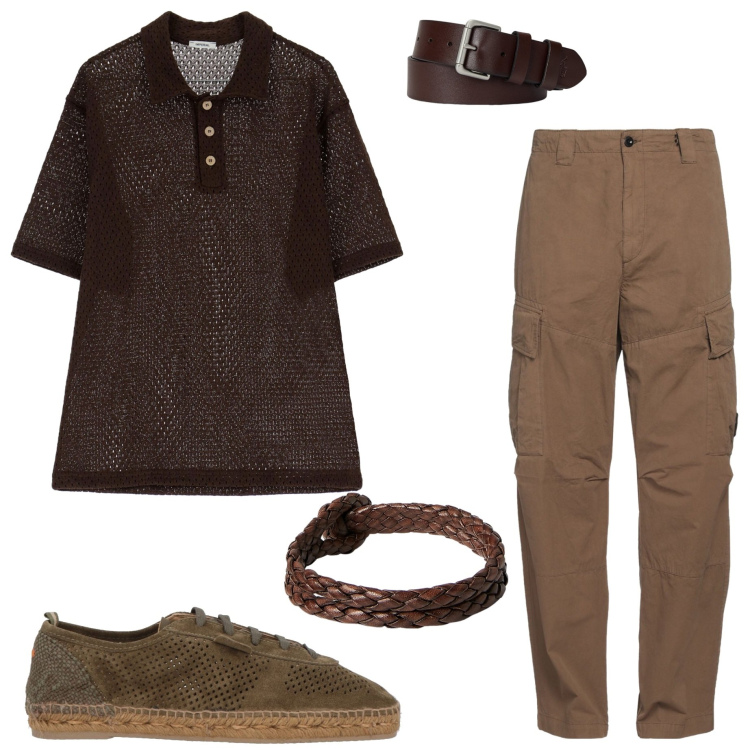 Outfit uomo - Sporty chic. Stile Urban per Tutti i giorni. Abbinamento con espadrillas, pantaloni cargo, polo, cinture, braccialetti.
