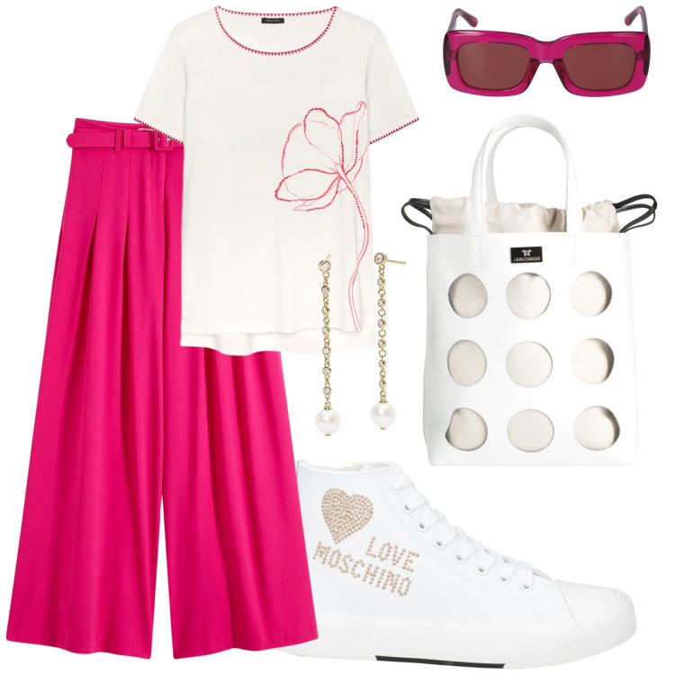 Outfit donna - Love Moschino. Stile Casual per Tutti i giorni. Abbinamento con pantaloni, sneakers alte, borse a mano, orecchini, t-shirt, occhiali da sole.