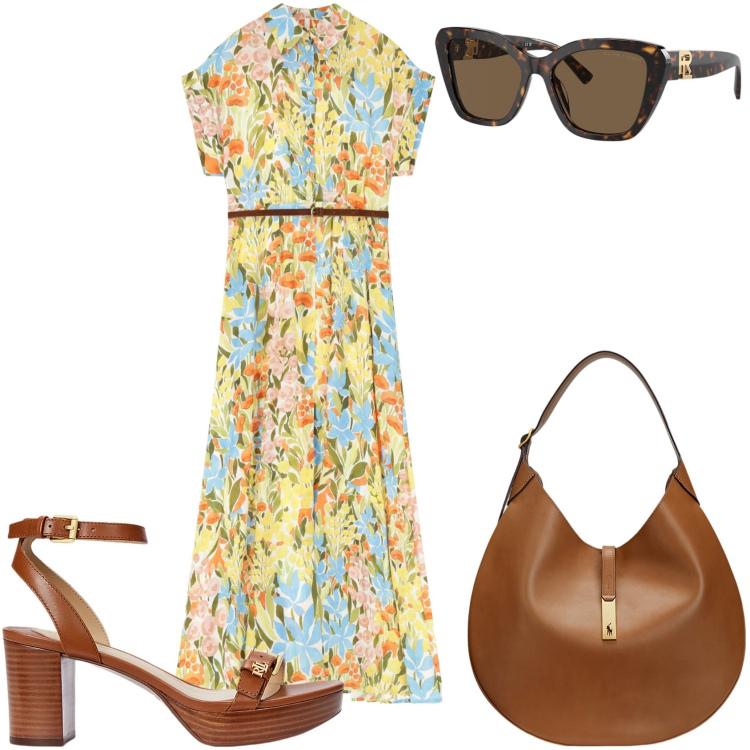Outfit donna - Fiori estivi. Stile Glamour per Tutti i giorni. Abbinamento con vestiti lunghi, occhiali da sole, borse a spalla, sandali col tacco.