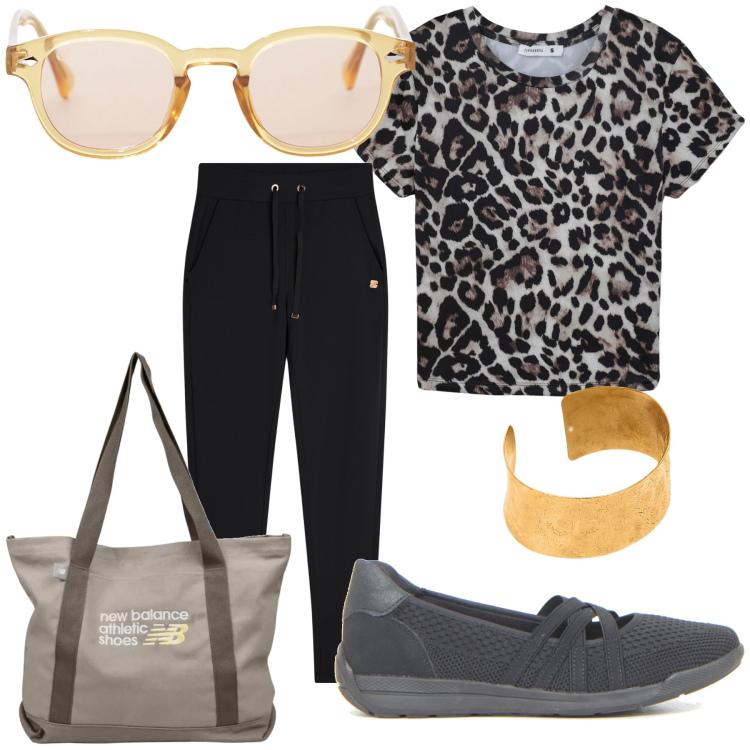 Outfit donna - Al bar. Stile Casual per Tutti i giorni. Abbinamento con t-shirt, shopping bag, occhiali da sole, pantaloni, ballerine, braccialetti.