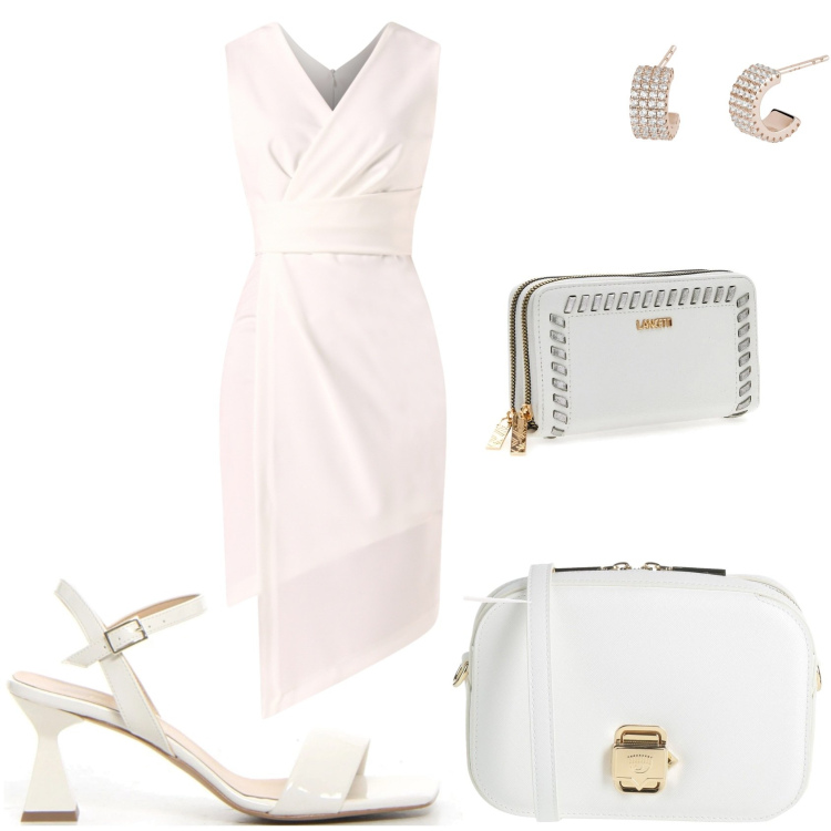 Outfit donna - Bianco per ogni occasione. Stile Glamour per Tutti i giorni. Abbinamento con borse a tracolla, orecchini, vestiti a tubino, portafogli, sandali col tacco.