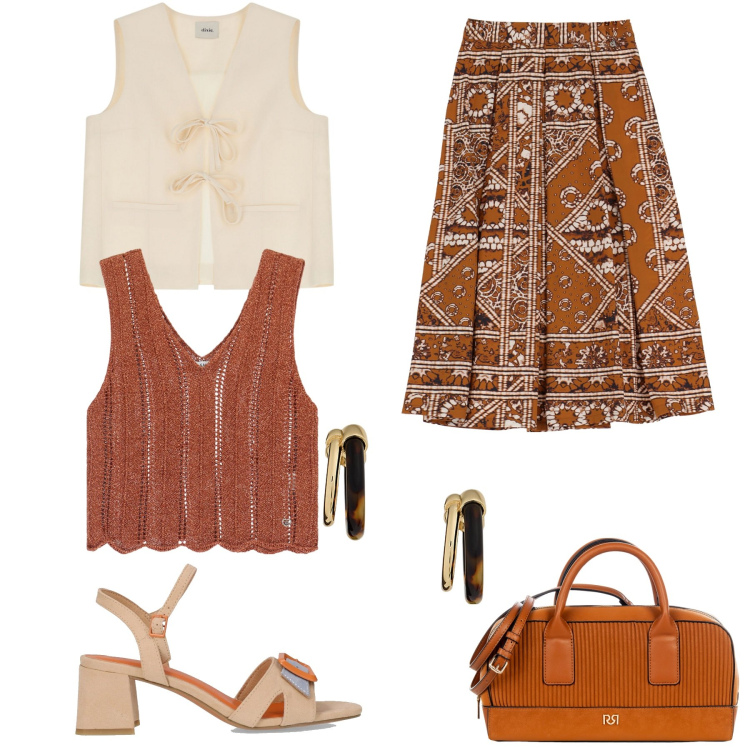 Outfit donna - Gonna boho. Stile Boho per Serata fuori. Abbinamento con borse a mano, top, gilet, gonne lunghe, orecchini, sandali col tacco.