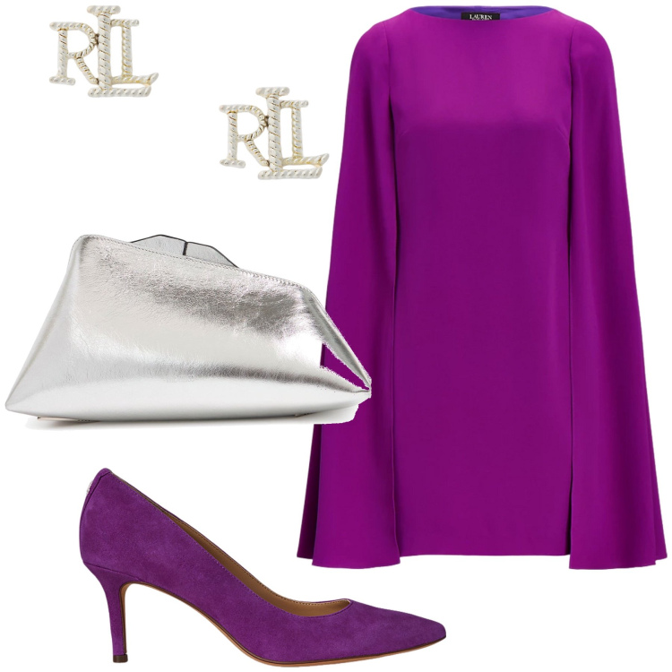 Outfit donna - Purple and silver per l evento. Stile Glamour per Serata fuori. Abbinamento con vestiti, orecchini, décolleté, pochette.