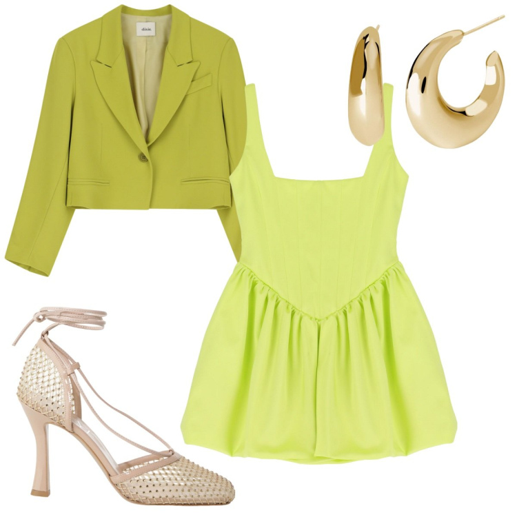 Outfit donna - Speciale verde lime : super trendy. Stile Trendy per Tutti i giorni. Abbinamento con orecchini, vestiti corti, blazer, décolleté.