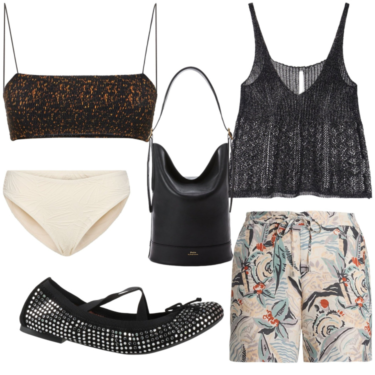 Outfit donna - Mix in spiaggia. Stile Trendy per Mare. Abbinamento con ballerine, top, borse a secchiello, shorts, bikini, bikini.