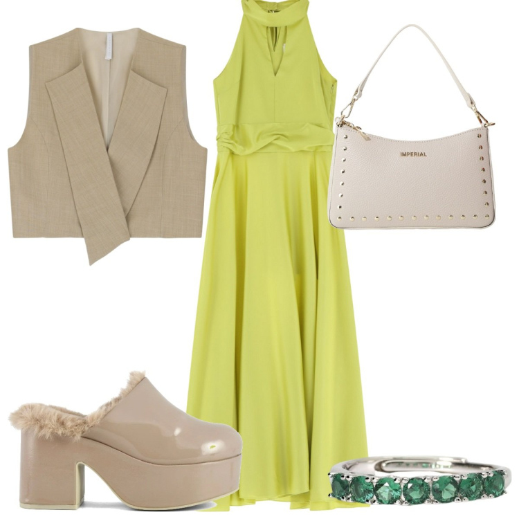 Outfit donna - Speciale verde lime : tutti i giorni. Stile Trendy per Tutti i giorni. Abbinamento con anelli, gilet, borse a spalla, vestiti lunghi, sabot.