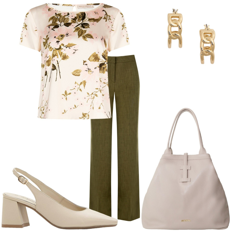 Outfit donna - Armoniosa e professionale. Stile Glamour per Tutti i giorni. Abbinamento con décolleté, bluse, pantaloni a palazzo, borse tote, orecchini.