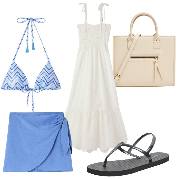 Outfit donna - Terranova : al mare con le infradito. Stile Trendy per Mare. Abbinamento con vestiti da spiaggia, bikini, sandali, vestiti midi/longuette, shopping bag.