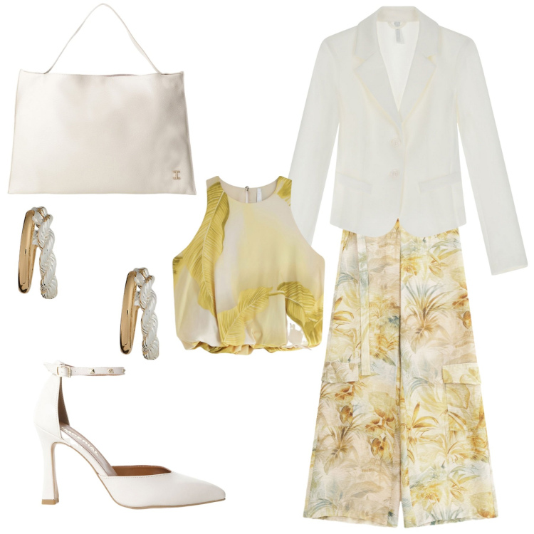 Outfit donna - Bianco e giallo. Stile Trendy per Serata fuori. Abbinamento con pantaloni, blazer, borse a spalla, top, décolleté, orecchini.