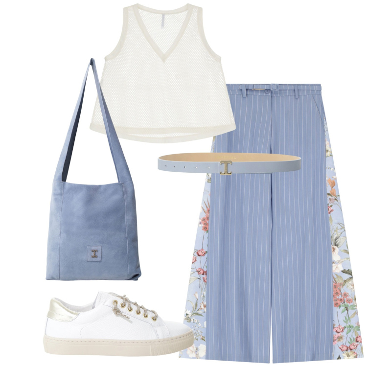Outfit donna - Pantaloni fiori e righe. per Tutti i giorni. Abbinamento con sneakers, t-shirt, pantaloni, borse a tracolla, cinture.