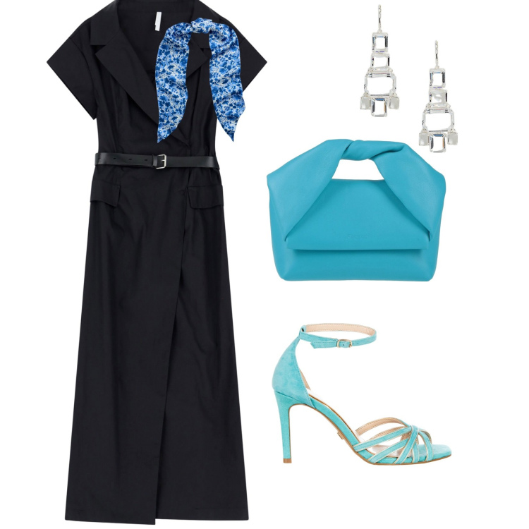 Outfit donna - Invito a cena. per Serata fuori. Abbinamento con borse a mano, vestiti lunghi, sandali col tacco, orecchini, sciarpe.