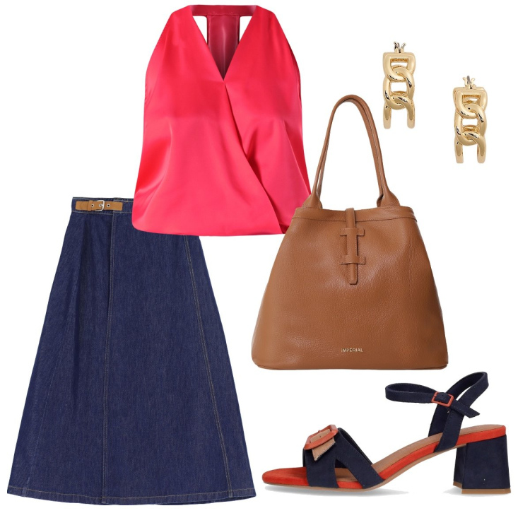 Outfit donna - La gonna lunga di jeans. Stile Bon Ton per Ufficio. Abbinamento con borse tote, top, gonne lunghe, orecchini, sandali col tacco.