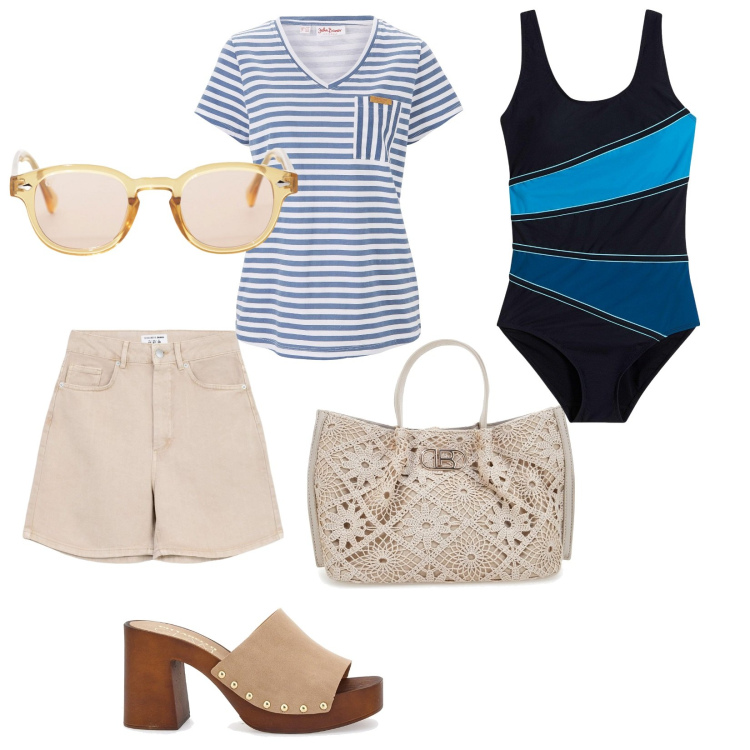 Outfit donna - Mare. per Mare. Abbinamento con t-shirt, costumi interi, bermuda, occhiali da sole, borse a tracolla, zoccoli.