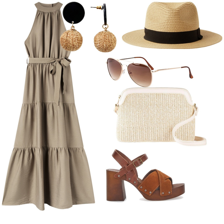 Outfit donna - Accessori estivi. per Tutti i giorni. Abbinamento con orecchini, borse a tracolla, occhiali da sole, vestiti lunghi, cappelli, zoccoli.