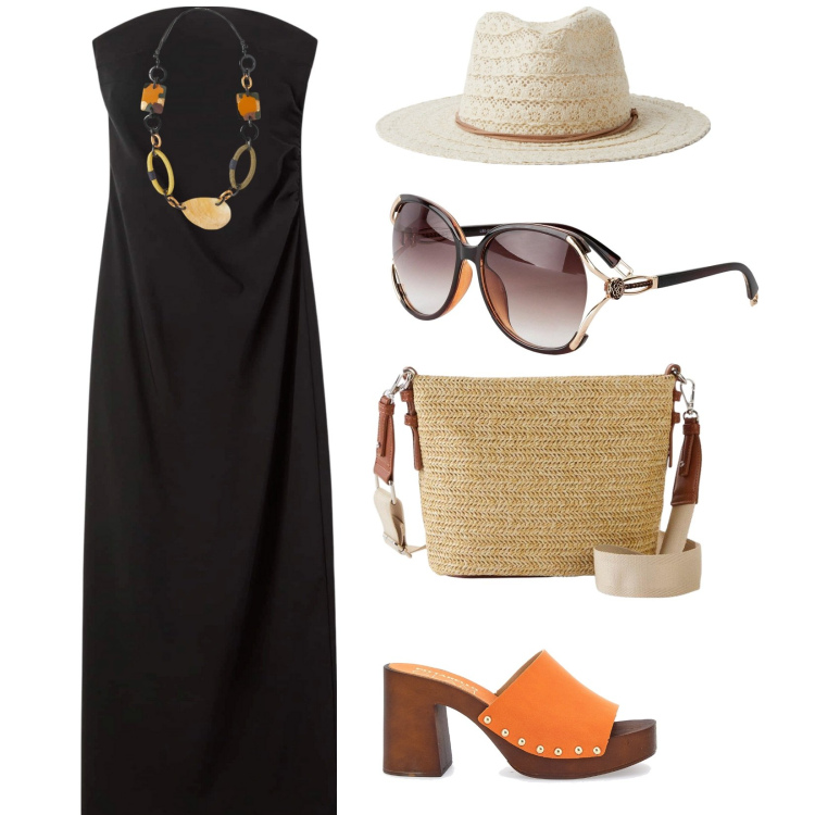 Outfit donna - Zoccoli per l\'estate. per Tutti i giorni. Abbinamento con occhiali da sole, borse a tracolla, cappelli, vestiti lunghi, collane, zoccoli.