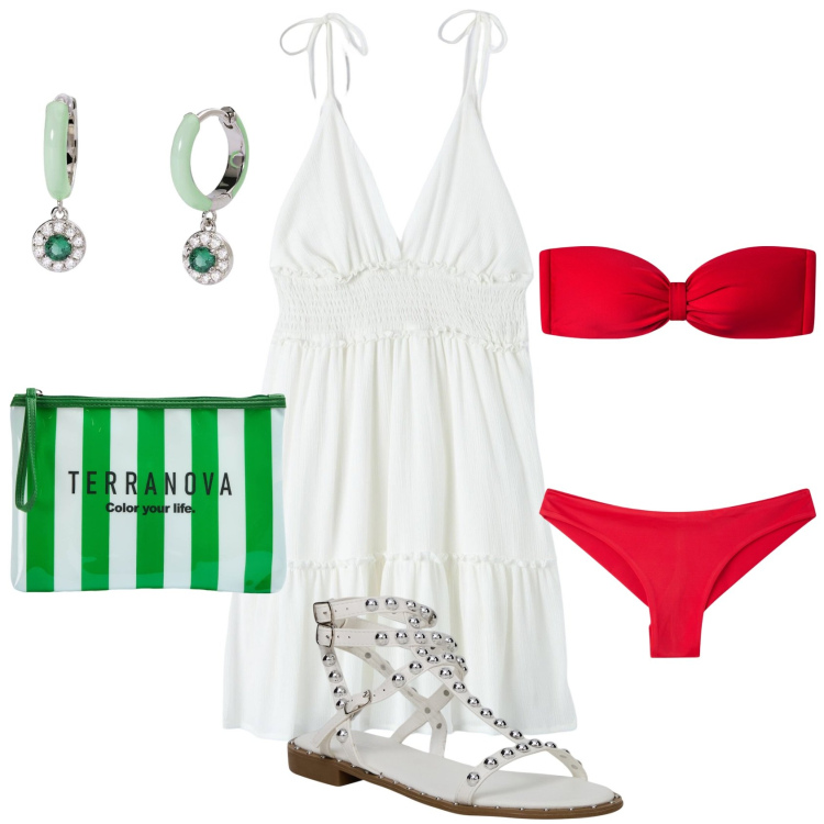 Outfit donna - Festa della Repubblica Bantoa Style. Stile Casual per Mare. Abbinamento con bikini, vestiti, sandali, bikini, pochette, orecchini.