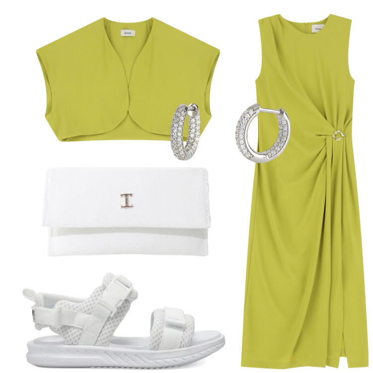 Outfit donna - Speciale Verde Lime. Stile Minimal per Serata fuori. Abbinamento con orecchini, sandali, borse a tracolla, gilet, vestiti midi/longuette.