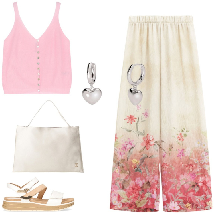 Outfit donna - La bella stagione. Stile Casual chic per Tutti i giorni. Abbinamento con orecchini, pantaloni, top, borse a spalla, sandali.