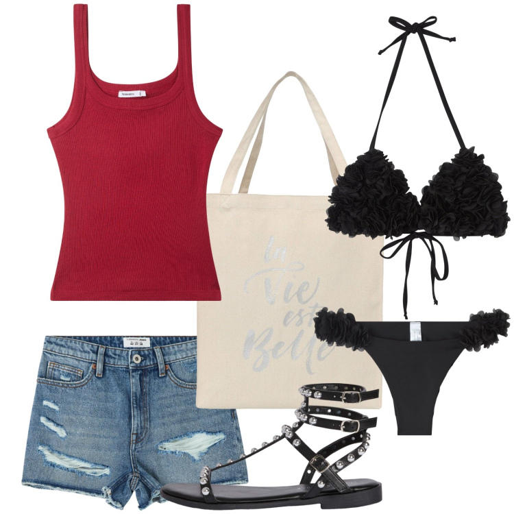 Outfit donna - Terranova - Summer Vibes. Stile Minimal per Mare. Abbinamento con shorts, borse tote, bikini, bikini, canottiere, sandali.