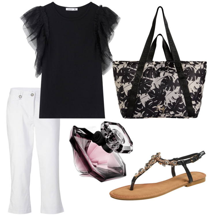 Outfit donna - Black&white. Stile Casual per Tutti i giorni. Abbinamento con pantaloni capri, profumi, t-shirt, sandali gioiello, shopping bag.