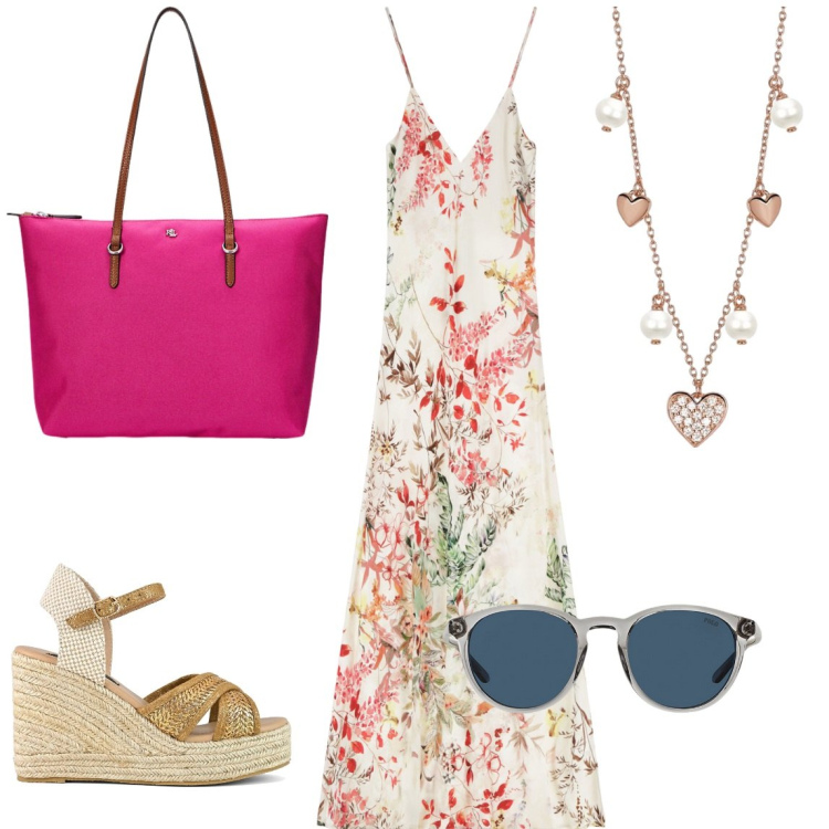 Outfit donna - Fiori d\'estate. Stile Casual per Tutti i giorni. Abbinamento con collane, vestiti lunghi, occhiali da sole, borse tote, zeppe.