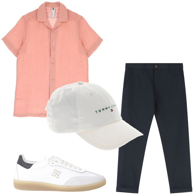 Outfit uomo - Look da aperitivo estivo. Stile Casual per Tutti i giorni. Abbinamento con pantaloni chino, camicie a manica corta, sneakers, cappelli.