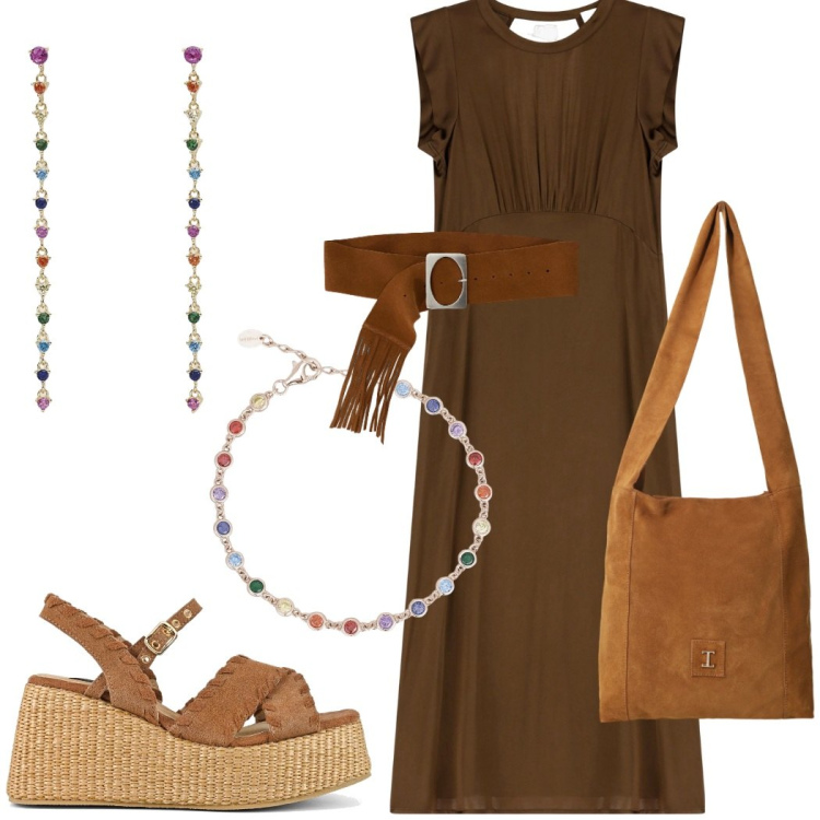 Outfit donna - Total look #2176816. Stile Boho per Tutti i giorni. Abbinamento con braccialetti, orecchini, borse a tracolla, vestiti midi/longuette, cinture, zeppe.