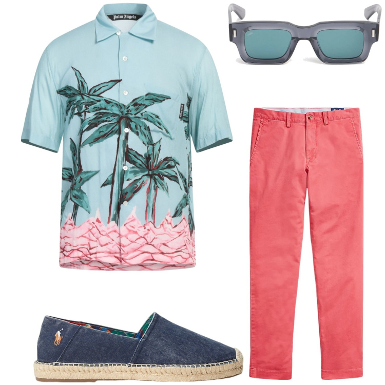 Outfit uomo - Look da aperitivo estivo. Stile Casual per Tutti i giorni. Abbinamento con camicie a manica corta, pantaloni chino, espadrillas, occhiali da sole.