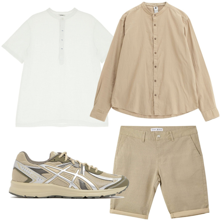 Outfit uomo - Colore sabbia. Stile Casual per Tutti i giorni. Abbinamento con pantaloni corti, camicie, t-shirt, sneakers.