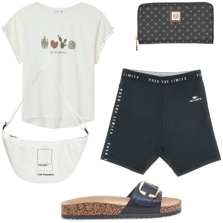Outfit donna - Pigramente a casa. Stile Basic per Tutti i giorni. Abbinamento con marsupi, t-shirt, pantaloni corti, ciabatte, portafogli.