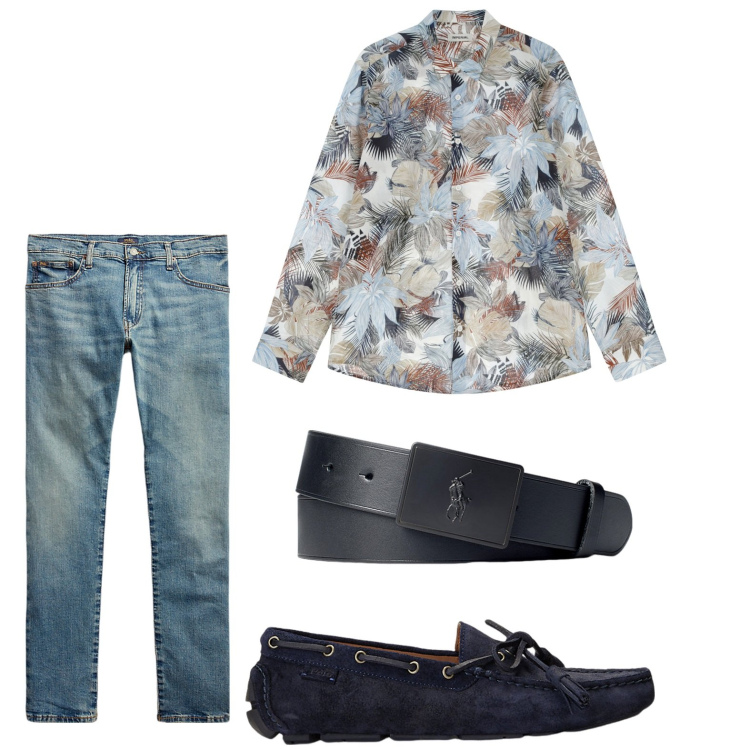 Outfit uomo - Camicia con stampa. Stile Casual per Tutti i giorni. Abbinamento con camicie, scarpe stringate, jeans, cinture.