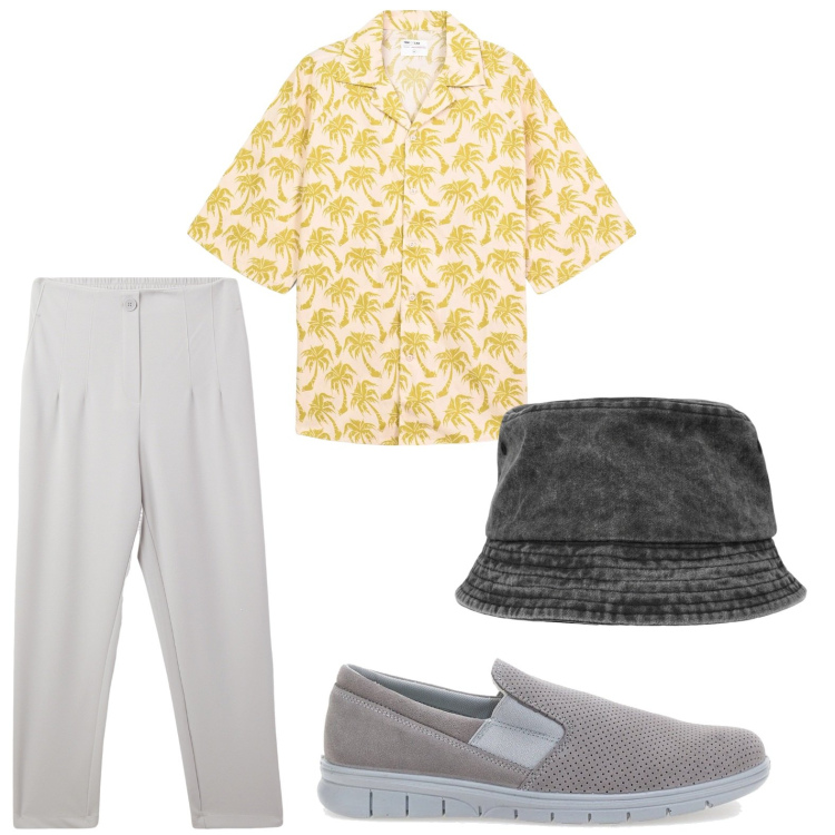 Outfit uomo - Estate. Stile Casual per Tutti i giorni. Abbinamento con pantaloni chino, camicie a manica corta, cappelli, scarpe stringate.
