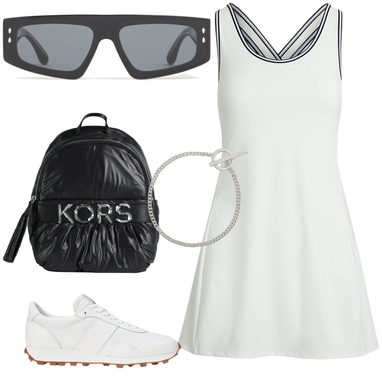 Outfit donna - Tennis style. Stile Sporty chic per Tutti i giorni. Abbinamento con zaini, sneakers, braccialetti, vestiti, occhiali da sole.