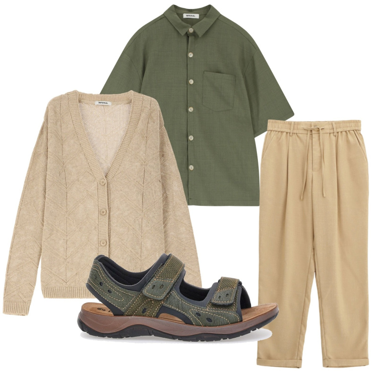 Outfit uomo - Verde e beige. Stile Trendy per Tutti i giorni. Abbinamento con cardigans, camicie a manica corta, pantaloni, sandali.