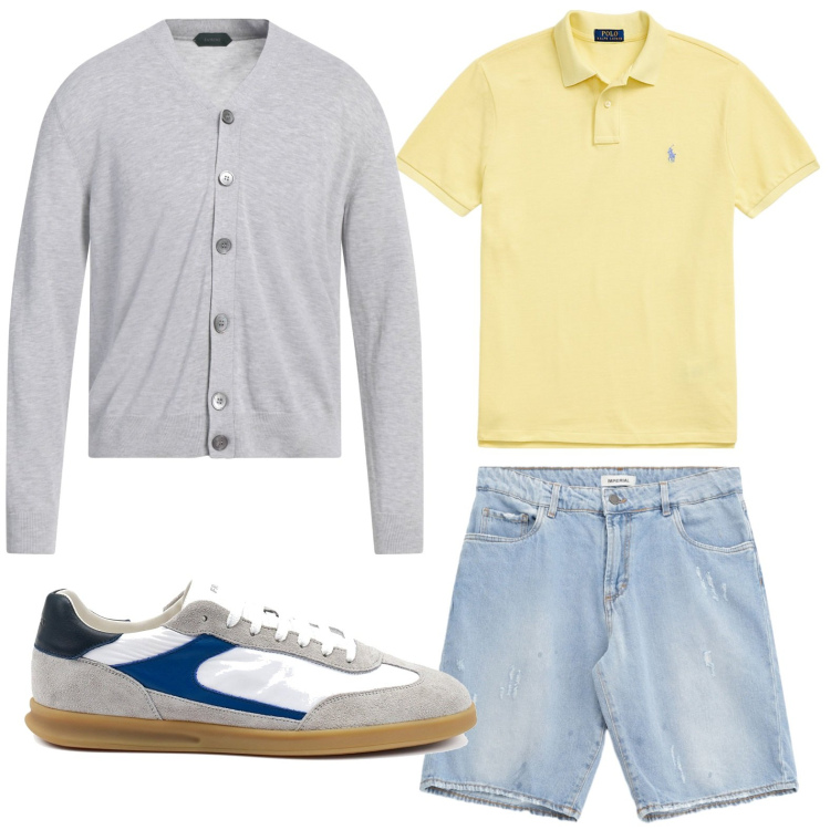 Outfit uomo - Easy. Stile Casual per Tutti i giorni. Abbinamento con cardigans, bermuda, polo, sneakers.