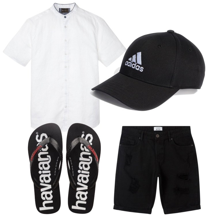 Outfit uomo - Comodo. Stile Casual per Tutti i giorni. Abbinamento con camicie a manica corta, bermuda, cappelli con visiera, sandali.