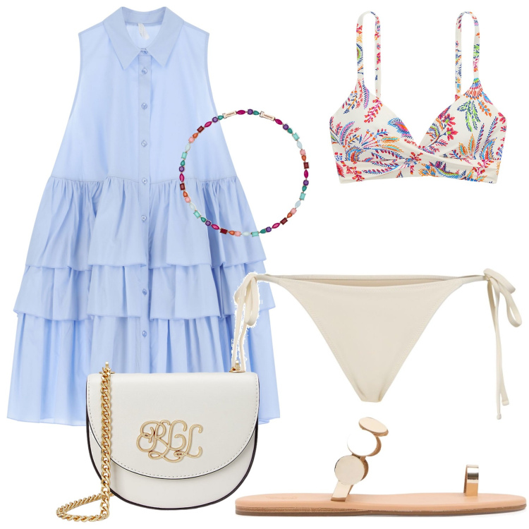 Outfit donna - Prima apericena on the beach. Stile Bon Ton per Mare. Abbinamento con collane, vestiti corti, borse a tracolla, bikini, sandali col tacco, bikini.