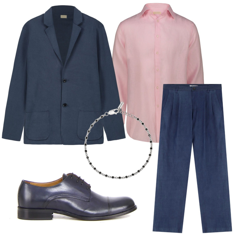 Outfit uomo - Serata in blu. Stile Trendy per Serata speciale. Abbinamento con braccialetti, pantaloni, camicie, cardigans, scarpe stringate.