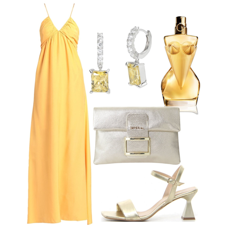 Outfit donna - Cerimonia a giugno. Stile Glamour per Cerimonia. Abbinamento con vestiti lunghi, profumi, orecchini, pochette, sandali col tacco.