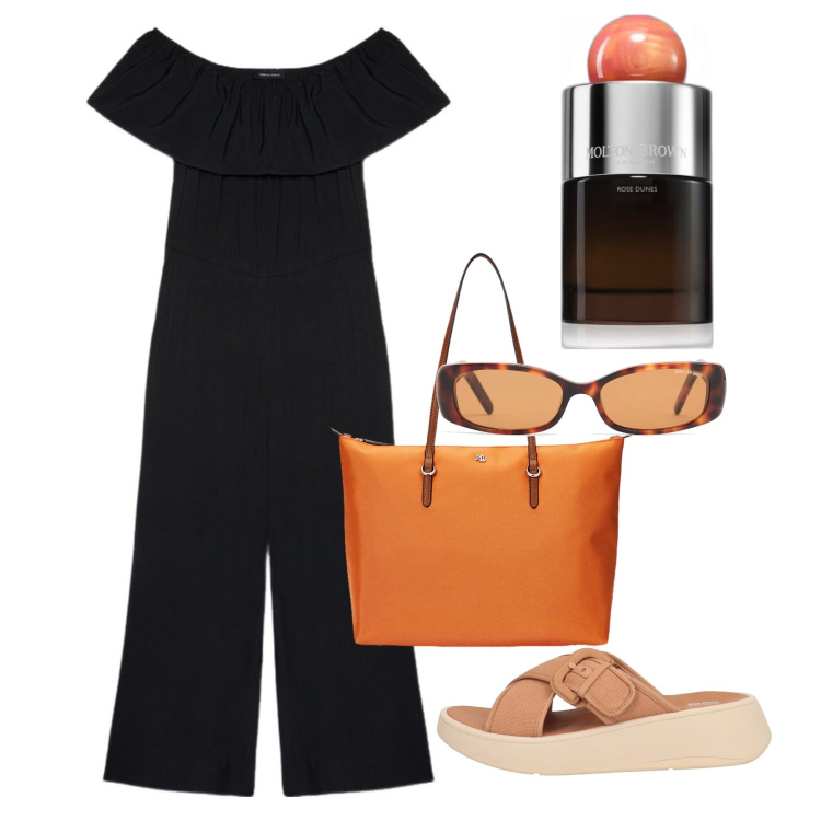 Outfit donna - Giugno. Stile Chic per Tutti i giorni. Abbinamento con sandali in pelle, profumi, borse tote, tute, occhiali da sole.