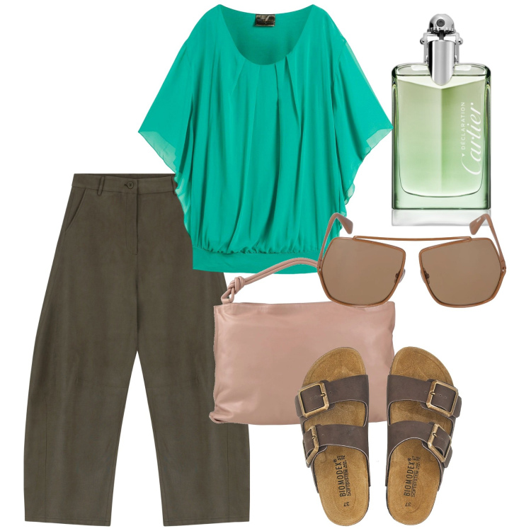 Outfit donna - Giugno. Stile Casual chic per Tutti i giorni. Abbinamento con bluse, borse a spalla, profumi, pantaloni, ciabatte, occhiali da sole.