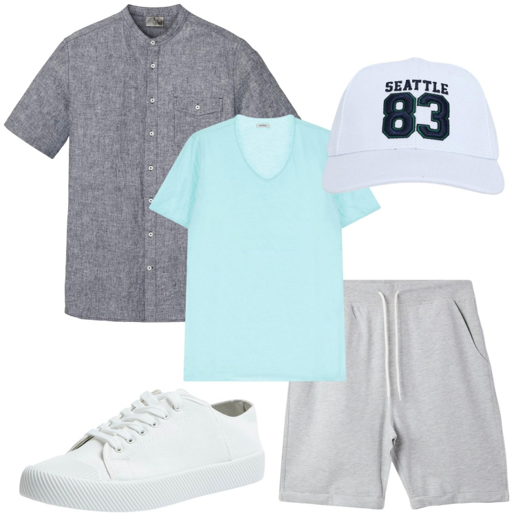 Outfit uomo - T-shirt acquamarina. Stile Urban per Tutti i giorni. Abbinamento con camicie a manica corta, cappelli, pantaloni corti, sneakers, t-shirt.